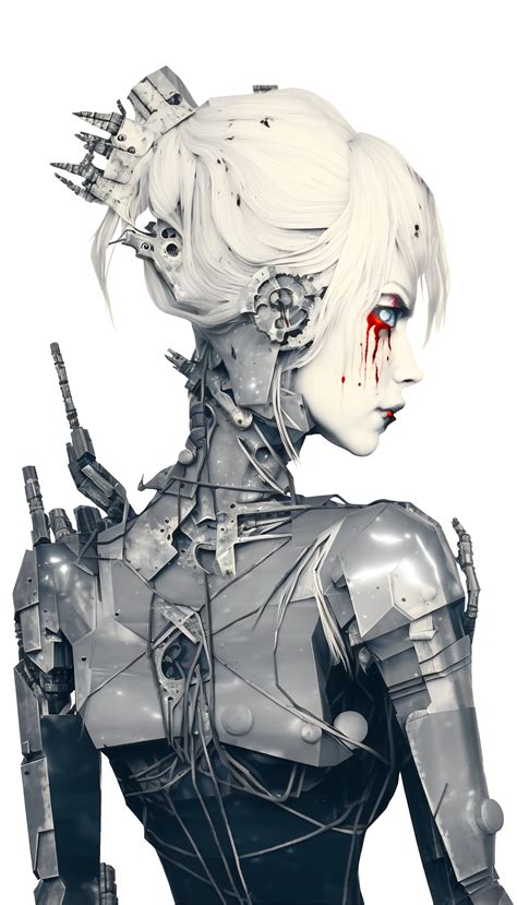 Artstation A Robot Woman With White Hair And Blood Coming Out Of Her Eye