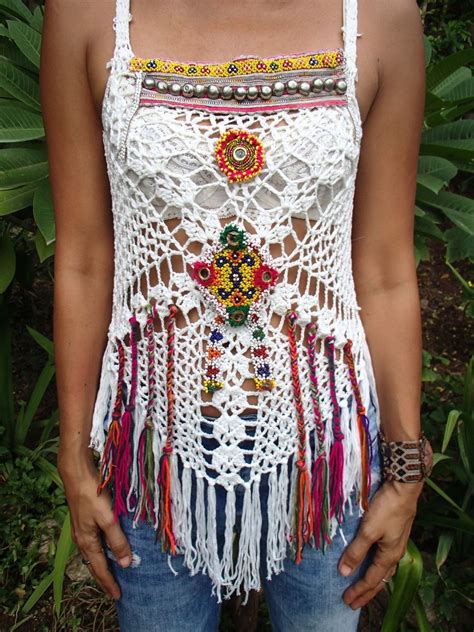 White Handmade Crochet Top With Mirror And Vintage Jewelry Patches And