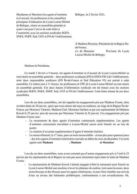 Lettre Lattention De Madame La Pr Sidente De La R Gion Idf Lyc