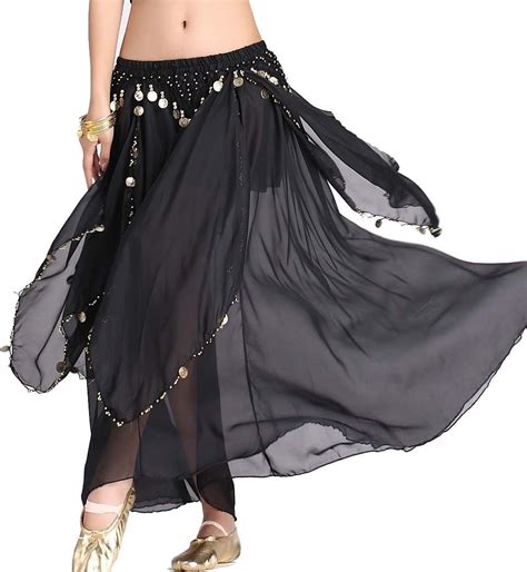 In D Chiffon Women S Belly Dance Skirt With Coins Black