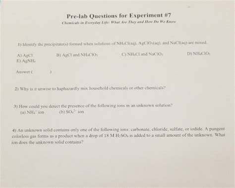 Solved Pre Lab Questions For Experiment 7 Chemicals In