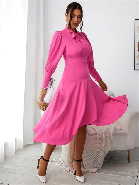 Tie Neck Puff Sleeve Asymmetrical Hem Dress Shein Usa