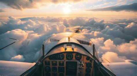 A Pilot is View from the Cockpit of an Airplane Flying Above the Clouds ...