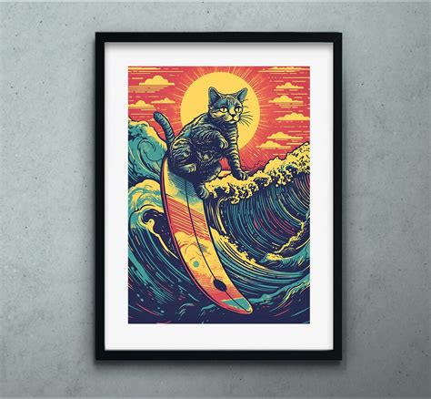 Cat Surfing Digital Wall Art Print, Funny Cat Poster Illustration, Cat Lover Gift, Cat Doing ...