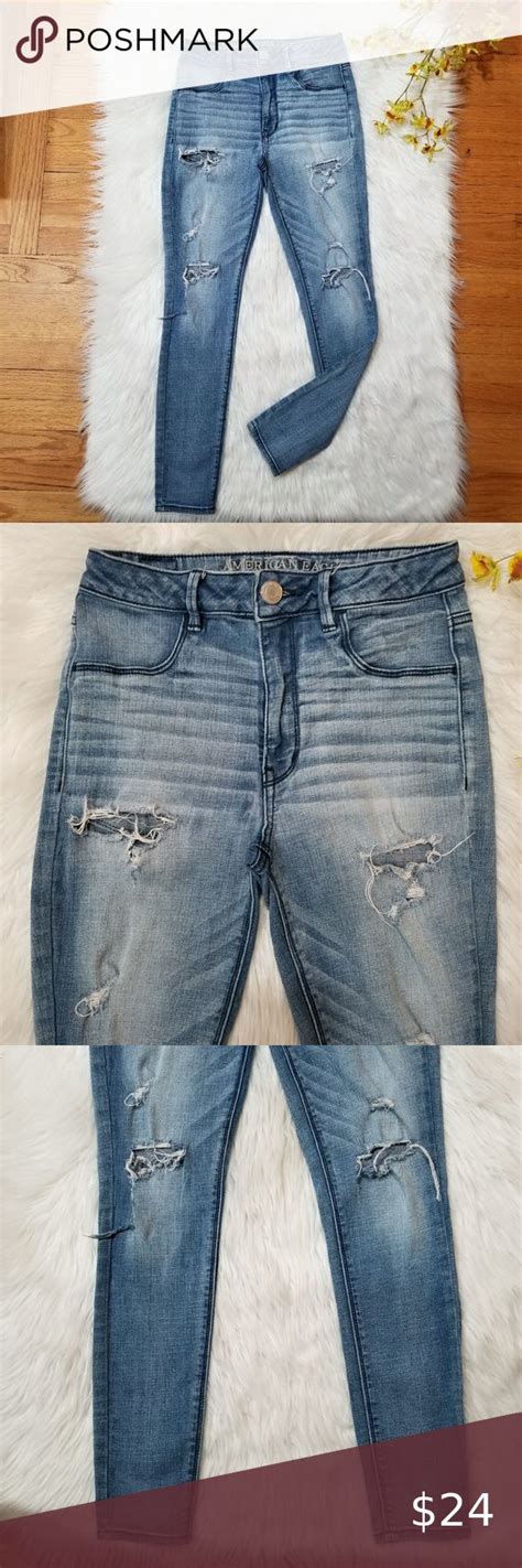 American Eagle Sky High Jegging Light Blue Ripped Jeans With Holes Size