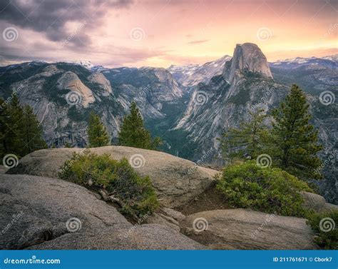 Half Dome From Glacier Point In Yosemite National Park At Sunset Stock