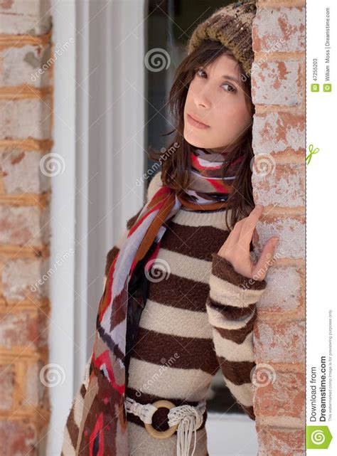 Pretty Woman Leaning Against Wall Stock Image Image Of Knit Fashion