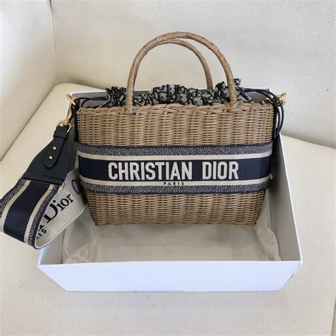 Christian Dior Wicker Basket Shoulder Bag Blue Oblique M7601