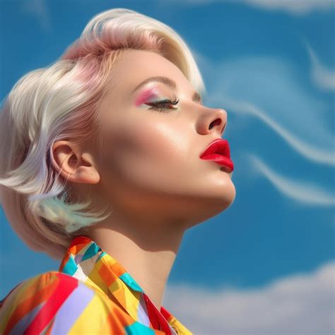 Premium Photo A Woman With A Red Lip And A Yellow And Blue Sky Behind Her