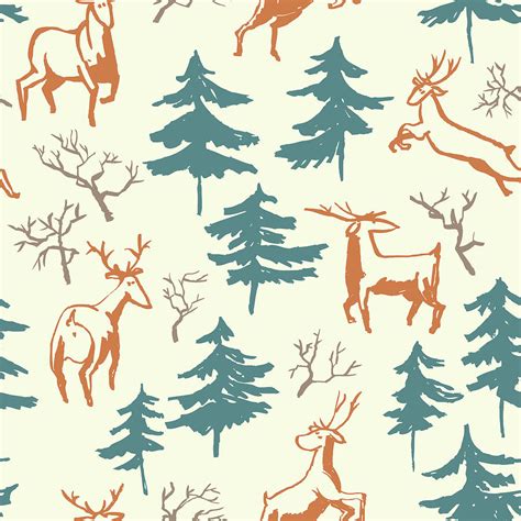 Hand Drawn Winter Seamless Pattern With Deer And Pine Trees In Doodle