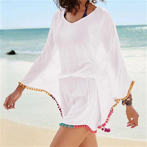 Tunics Beach Cover Up Rayon Swimwear With Tassel Pareos For Women