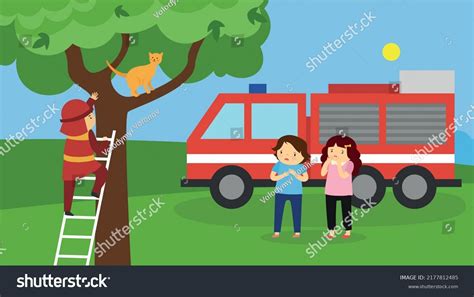 Fireman Removes Cat Tree Stock Vector Royalty Free 2177812485