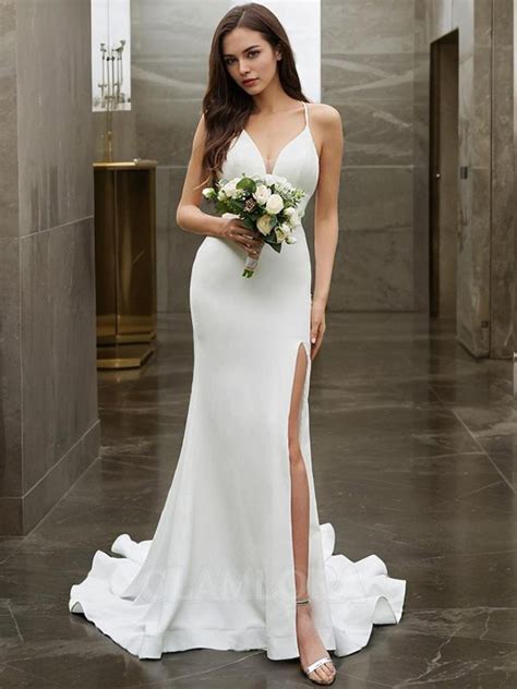 Sexy Sheath Column Halter Sleeveless Sweep Train Stretch Crepe Wedding