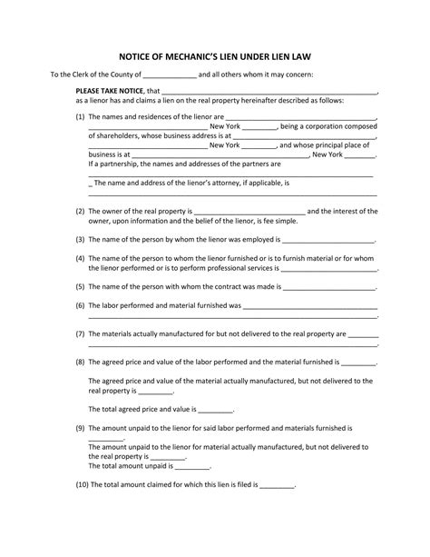 Free Printable Mechanics Lien Templates Pdf Word