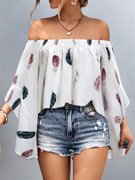 Shein Vcay Feather Print Off Shoulder Blouse Shein Usa