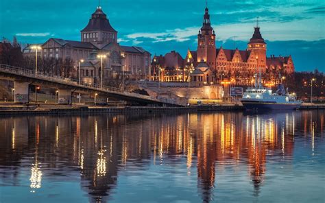 Szczecin 007 Polska Noc Waly Chrobrego Odra Rzeka Tapety Na Pulpit