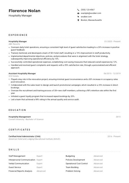 Hospitality Manager Resume Example