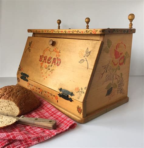 Wooden Bread Box Vintage Stenciled Bread Box Folk Art Bread Etsy