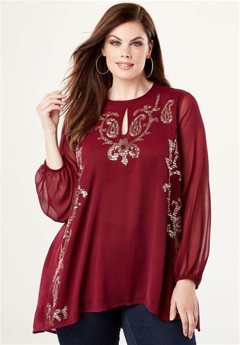 Embellished Keyhole Tunic With Sequins Plus Size Tunics Roamans