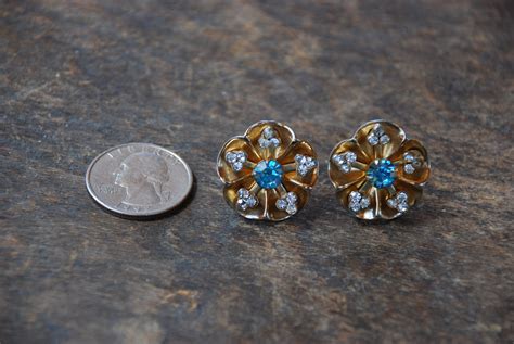 Vintage Screw Back Earrings Coro Clear Blue Rhinestones Flower Etsy