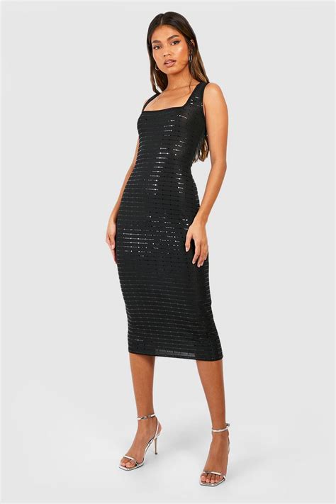 Square Neck Sequin Midi Dress