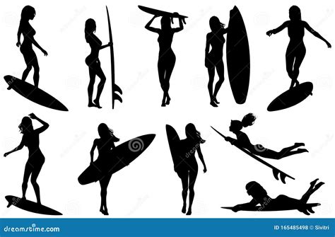 Female Surfer And Surfboard Isolated Silhouette Poses Stock Vector