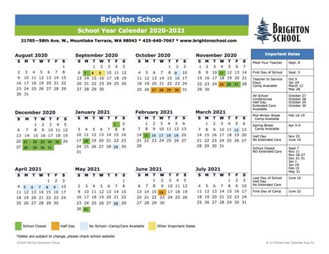 School Year Calendar | Brighton School - Mountlake Terrace, WA