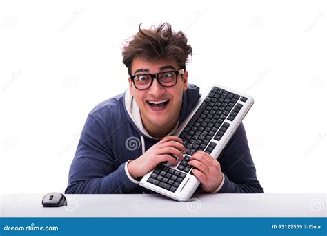 Funny Nerd Man Working On Computer Isolated On White Stock Image