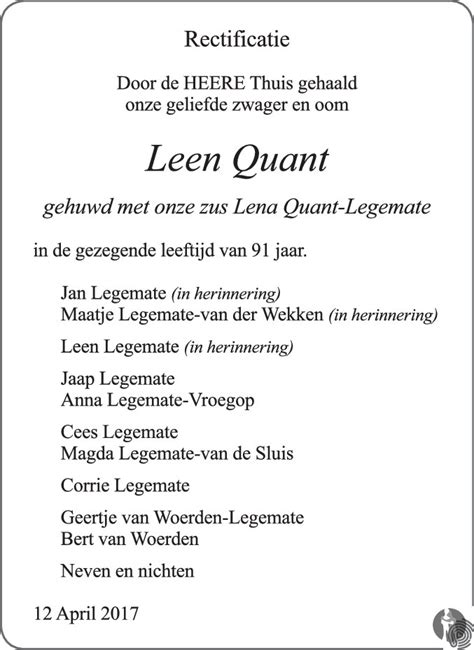 Leendert Leen Quant 12 04 2017 Overlijdensbericht En Condoleances