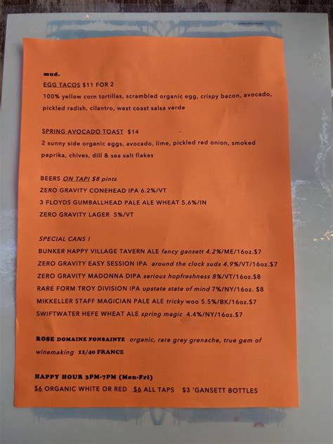 Menu at MUD SPOT aka MUD pub & bar, New York City