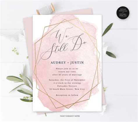 We Still Do Editable Vow Renewal Invitation Blush Pink Watercolor