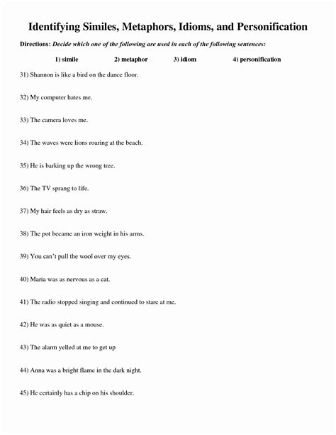 50 Simile Metaphor Personification Worksheet Artofit