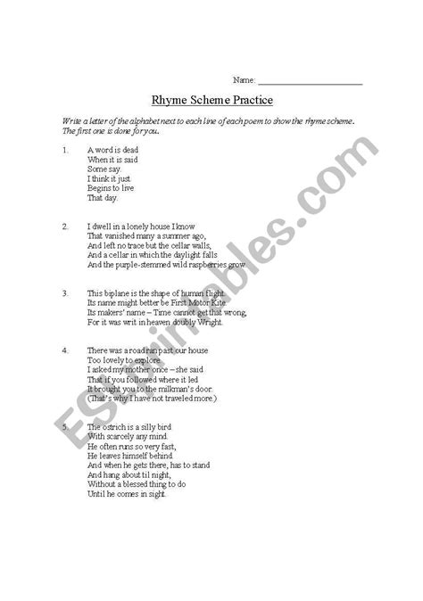 Rhyme Scheme Practice Worksheet