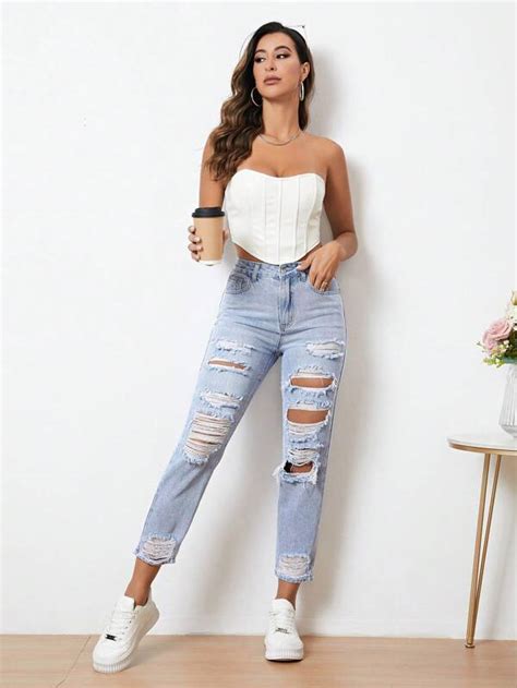 Shein Essnce Jeans Ajustados Mom Desgarro Moda De Mujer Shein M Xico