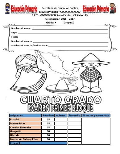 Examen Del Cuarto Grado Del Primer Bloque Del Ciclo Escolar 2016 2017