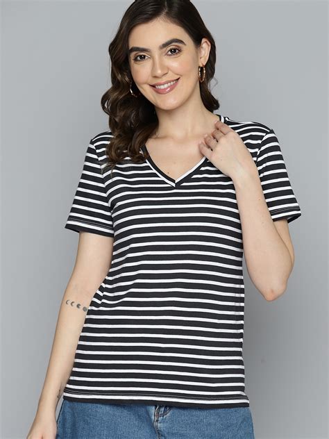 Buy Mast And Harbour Women Striped V Neck Pure Cotton T Shirt Tshirts For Women 21188252 Myntra