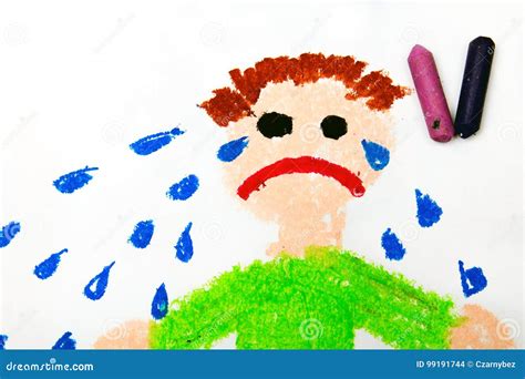 Drawing: Sad Crying Little Boy on White Paper Background Stock ...