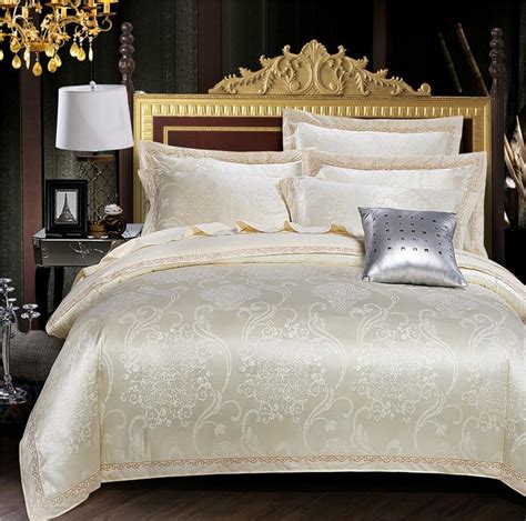 Beige Gold White Jacquard Bed Cover Tencel Cotton Bedding Set Luxury