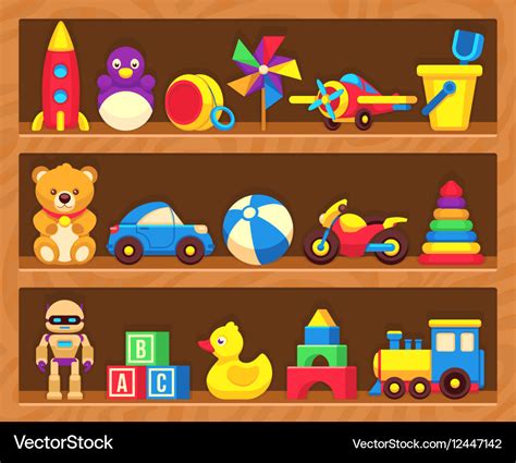 Kids toys on wood shop shelves Royalty Free Vector Image