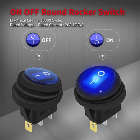 Daiertek 12v 20a Waterproof Rocker Switch Blue Led Lighted Round On Off 3 Pin 12 Volt