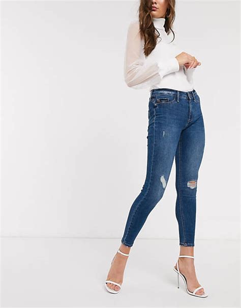 River Island Molly Ripped Detail Skinny Jeans In Mid Blue Asos