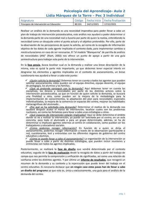 Intervención pec 3 nota A Psicología del Aprendizaje Aula 2 Lidia