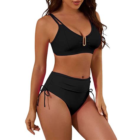 EHRWE Bikini Set For Women 2 Piece Bikini Set V Neck Cutout Swimsuit High Waisted Textured
