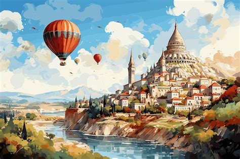 Premium Vector Landscape With Hot Air Balloons In The Air On Vector