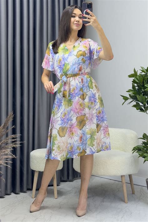 Womens Floral Pattern Chiffon Dress Elbise Delisi