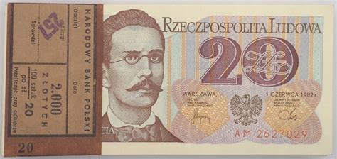 20 zł TRAUGUTT 1982 seria AM banknot z paczki bankowej PRL 13817041453