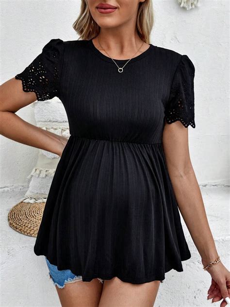 Shein Maternity Laser Cut Out Puff Sleeve Peplum Tee Shein Usa