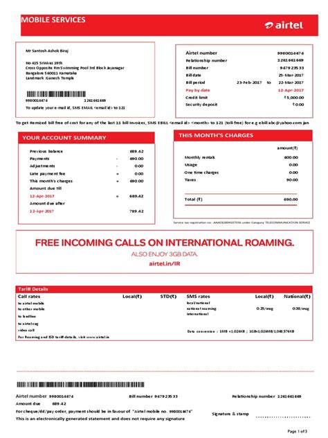 Sample Airtel Bill Pdf Service Industries Telecommunications