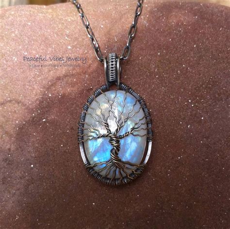 Rainbow Moonstone Tree Of Life Necklace Wire Wrapped Oxidized Etsy