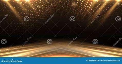 Elegant Golden Stage Diagonal Glowing With Lighting Effect Sparkle On Black Background Template